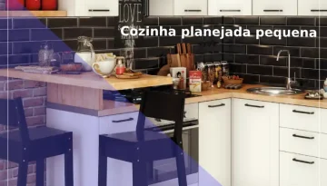 Cozinha planejada pequena com armários brancos, bancada amadeirada e revestimento de metrô preto, ideal para apartamentos em Campinas.