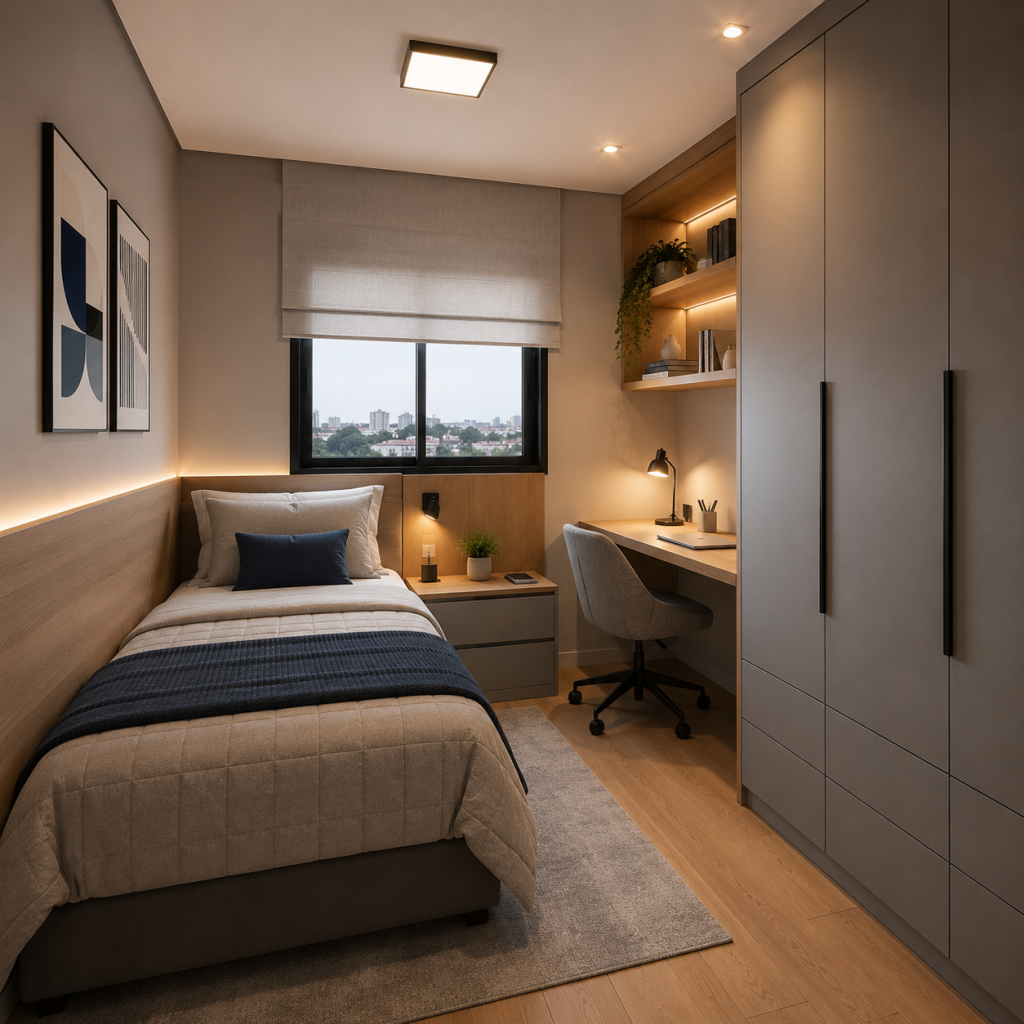 Dormitório Planejado em Campinas: Soluções Inteligentes para Conforto e Sofisticação 5 Dormitório planejado com iluminação LED integrada, bancada home office e armário sob medida