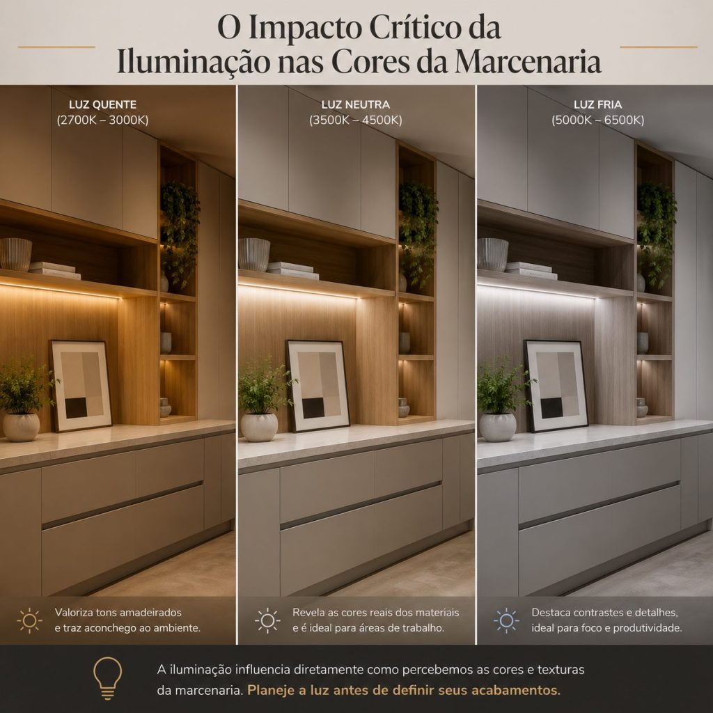 Cores de Móveis Planejados em Campinas: Guia Técnico de Acabamentos e Tendências Atemporais 6 Infográfico comparativo mostrando o impacto crítico da iluminação nas cores da marcenaria em três cenários: Luz Quente, Luz Neutra e Luz Fria, aplicadas ao mesmo móvel planejado.