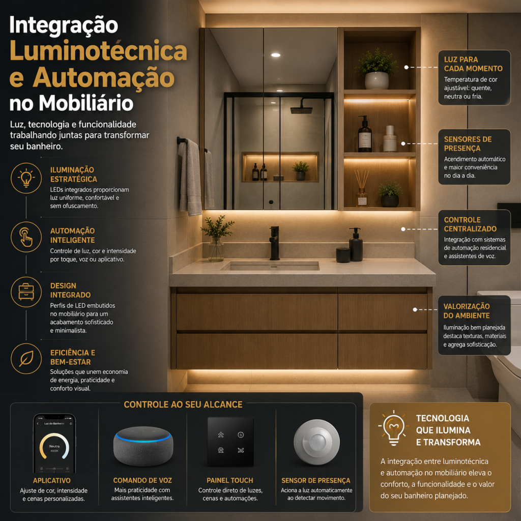 Banheiro Planejado Pequeno em Campinas: Engenharia e Otimização 6 Banheiro planejado em Campinas com iluminação LED integrada ao mobiliário, automação residencial, sensor de presença e controle inteligente de luz.
