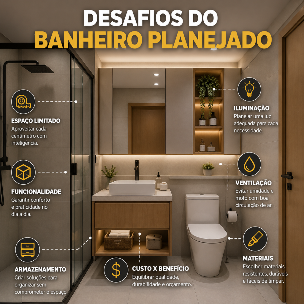 Banheiro Planejado Pequeno em Campinas: Engenharia e Otimização 4 Infográfico sobre os desafios do banheiro planejado pequeno em Campinas, destacando espaço limitado, armazenamento, iluminação, ventilação, materiais e custo-benefício