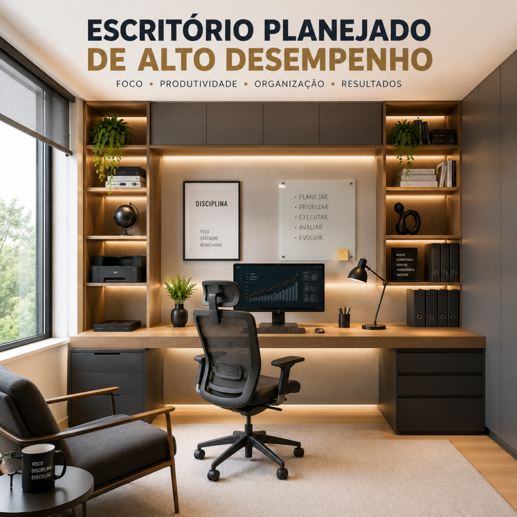 Escritório Planejado: Engenharia e Ergonomia para o Seu Ambiente de Trabalho 4 Escritório planejado de alto desempenho em Campinas com móveis sob medida, iluminação LED integrada, estantes iluminadas, mesa ampla e ambiente home office sofisticado