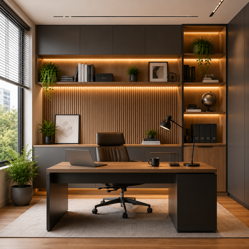 Escritório Planejado: Engenharia e Ergonomia para o Seu Ambiente de Trabalho 5 Escritório planejado em Campinas com marcenaria de alto padrão, painel ripado, iluminação LED integrada, armários suspensos e mesa de trabalho sofisticada.