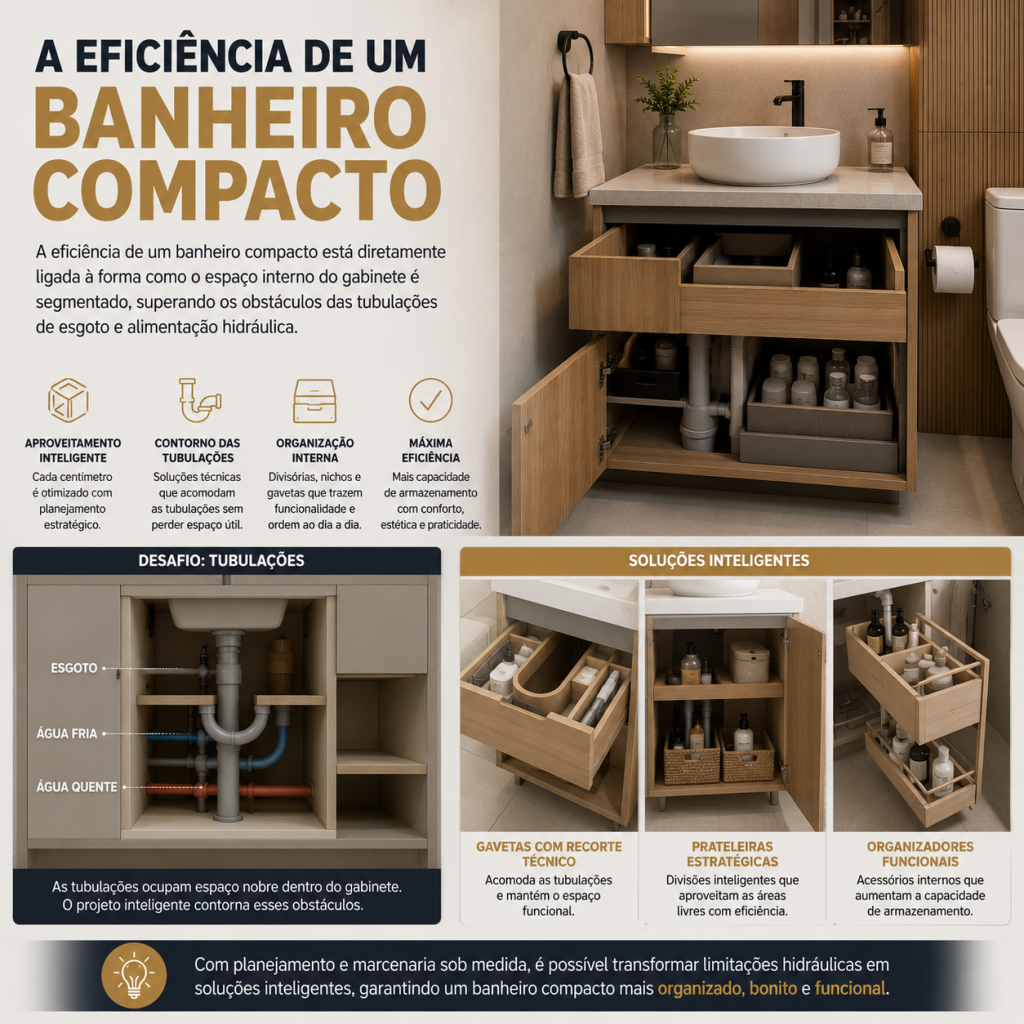 Banheiro Planejado Pequeno em Campinas: Engenharia e Otimização 5 Infográfico sobre modulação interna de banheiro planejado pequeno em Campinas com soluções para tubulações, gavetas técnicas e aproveitamento vertical