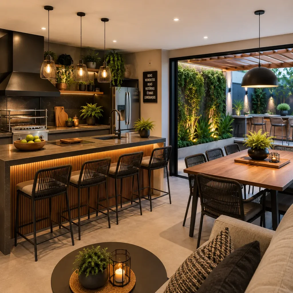 Como Projetar uma Área Gourmet Planejada Perfeita 3 Área gourmet planejada com churrasqueira, ilha central, bancada e integração com espaço externo, criando um ambiente moderno para convivência.