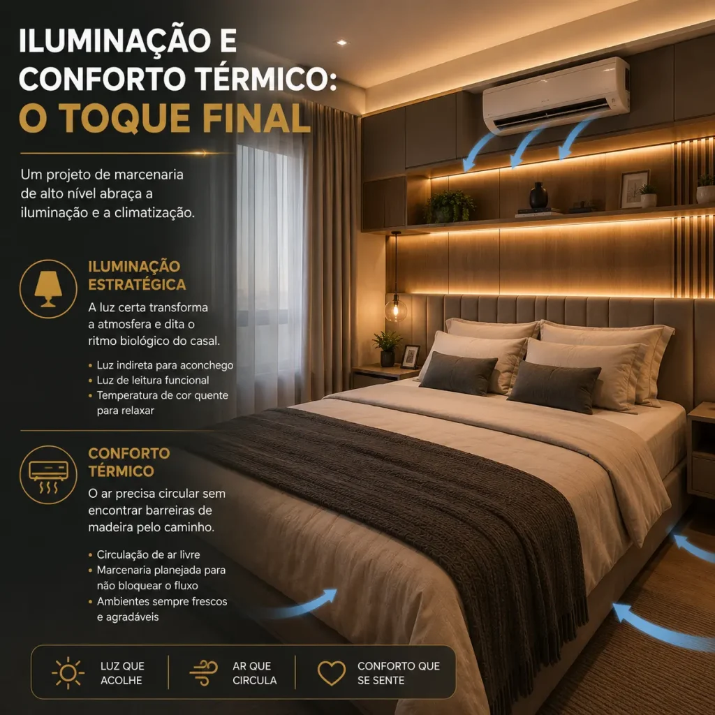 Quarto Planejado de Casal em Campinas: Projeto Sob Medida 2 Quarto planejado com iluminação em LED, marcenaria sob medida e ar-condicionado integrado, proporcionando conforto térmico e design moderno em Campinas.