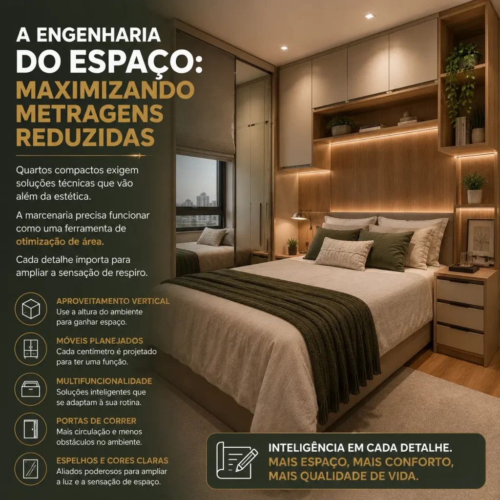 Quarto Planejado de Casal em Campinas: Projeto Sob Medida 1 Quarto planejado de casal em Campinas com projeto de engenharia do espaço, móveis planejados sob medida, guarda-roupa até o teto, painel de madeira, iluminação em LED e soluções para otimizar ambientes compactos.